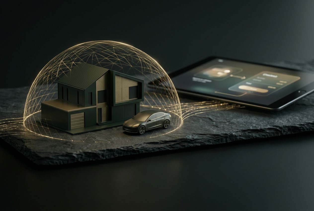Architectural scale models of a modern house and a car on dark stone, enclosed by a fine dome of gold light, with golden data threads linking them to a blurred tablet checkout, in deep forest green and gold.