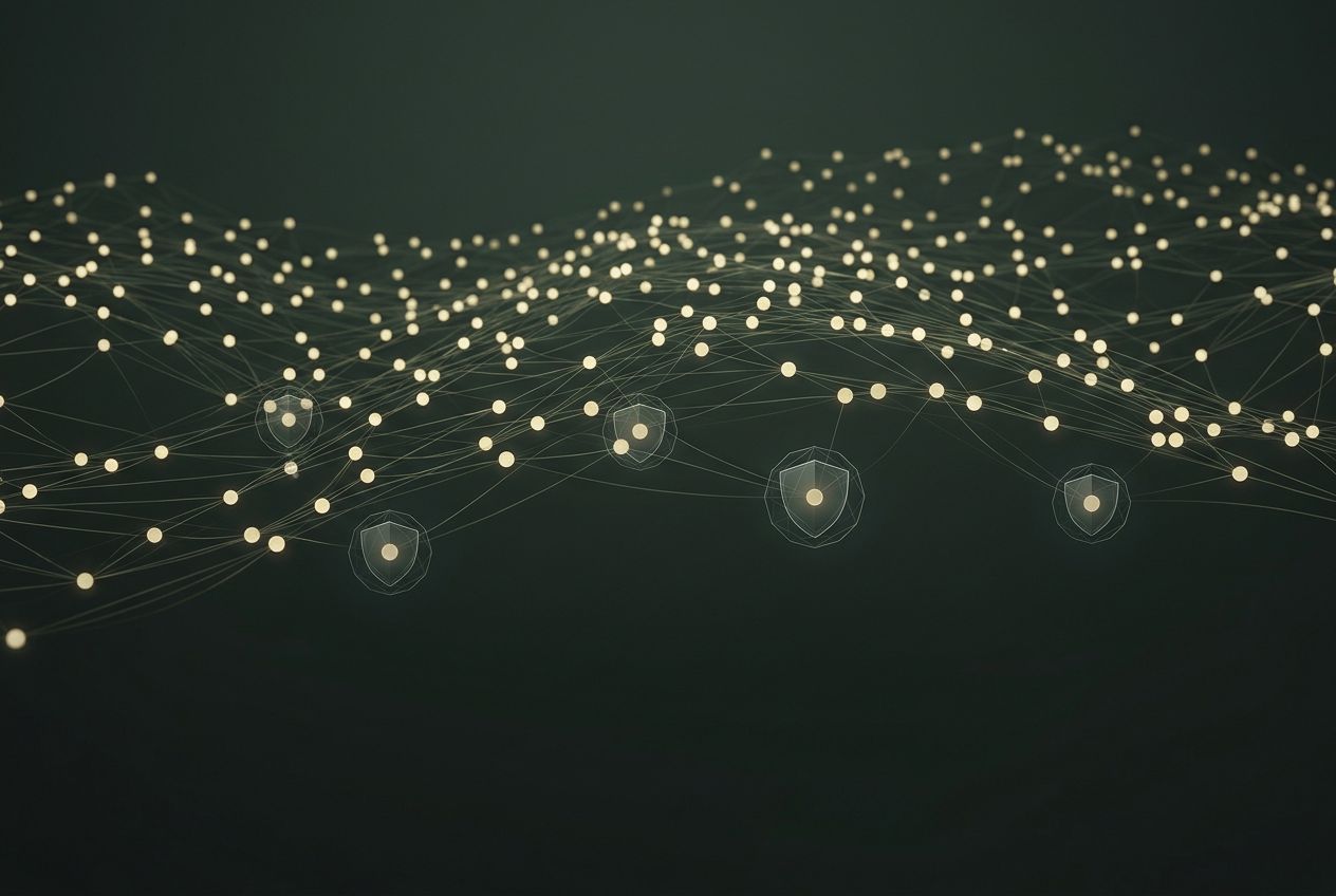 Abstract network of luminous gold transaction nodes flowing across a dark green field, with a few anomalous nodes isolated inside fine translucent geometric shields.